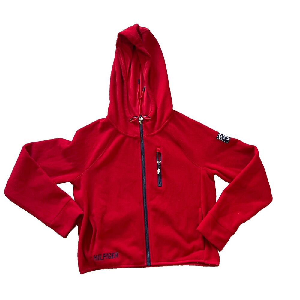 Tommy Hilfiger Hooded Fleece Jacket Zip Pockets Sporty Preppy Medium